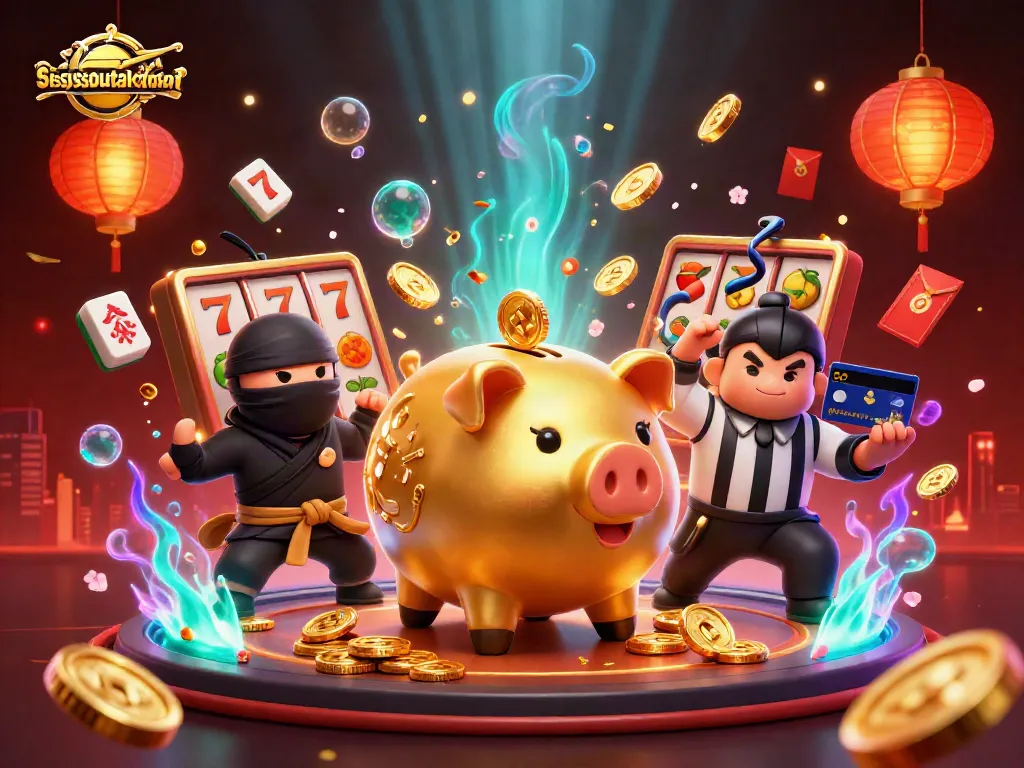 Sissy's Southern Kitchen showcases vibrant casino action with a golden piggy bank sumo wrestler amid thrilling slot games.