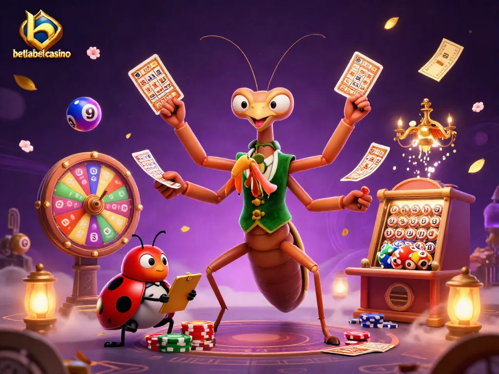 Experience the excitement of betlabelcasino with a giant praying mantis card sharp and ladybug pit boss in a vibrant casino setting.