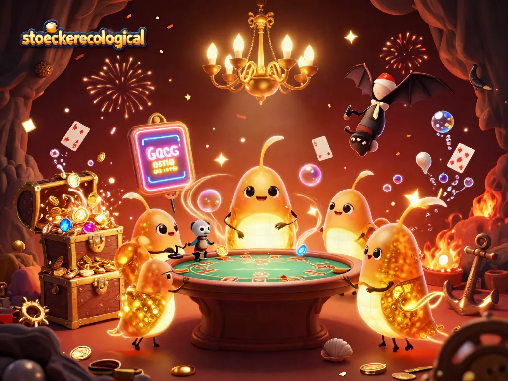 Join the excitement at stoeckerecological's vibrant cave casino with glowing characters and rich game elements.