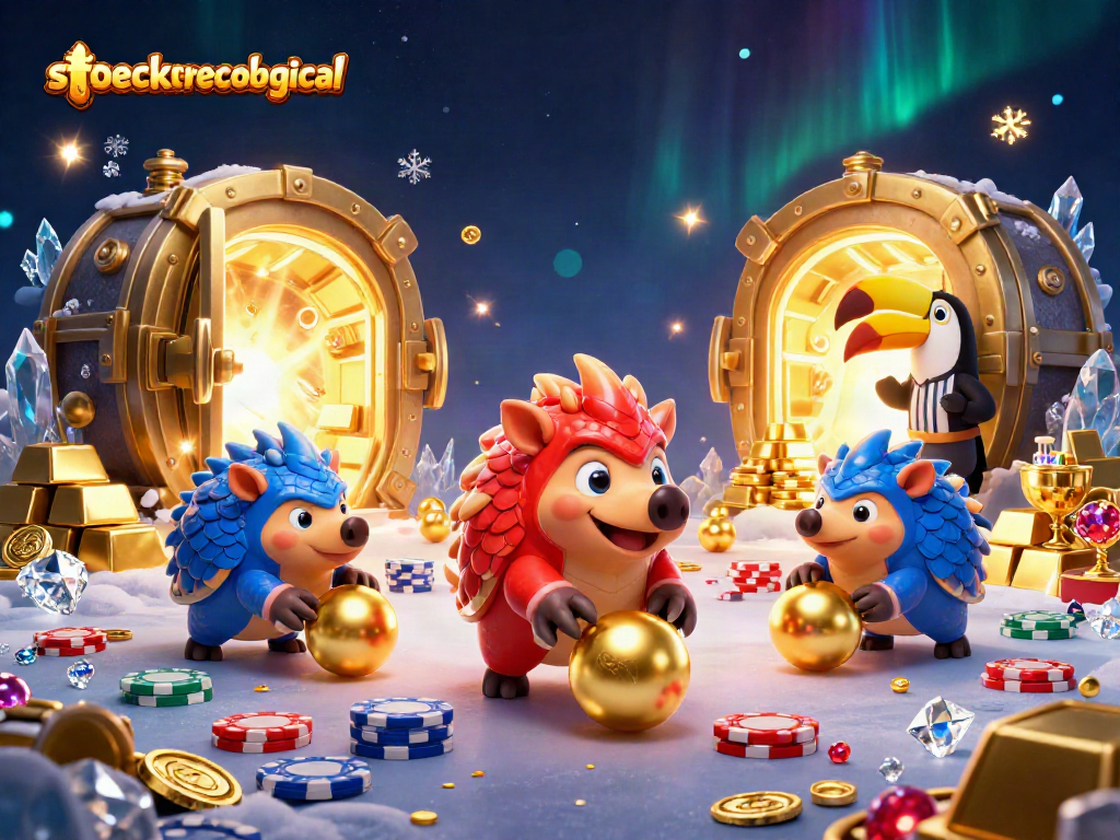 Engaging action scene with pangolins in red and blue armor at stoeckerecological casino, rolling gold balls and bowling
