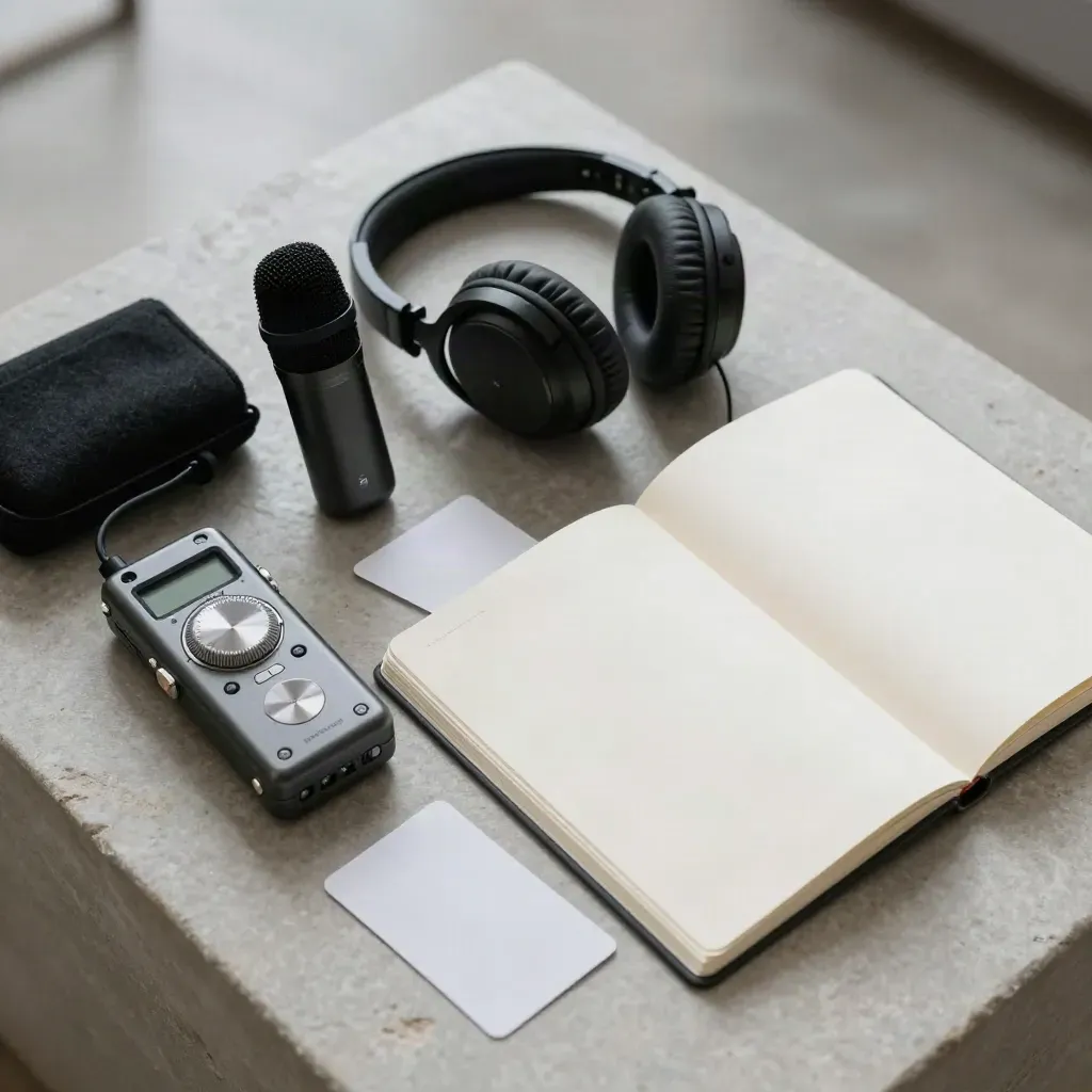 Kit editorial de agencia con grabadora, micrófono, auriculares y tarjetas sobre piedra clara.