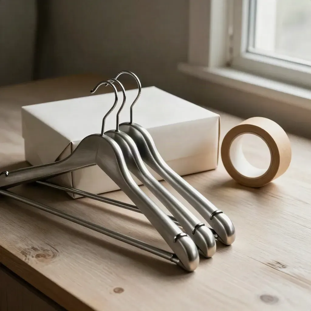Perchas de aluminio, caja rígida y cinta kraft sobre madera clara, luz dramática