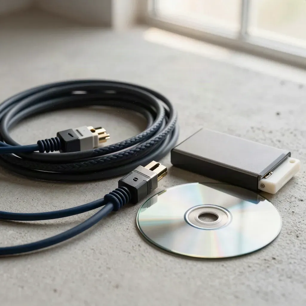 Cables trenzados, módulos compactos y discos opacos sobre hormigón claro, en vista cenital cerrada.