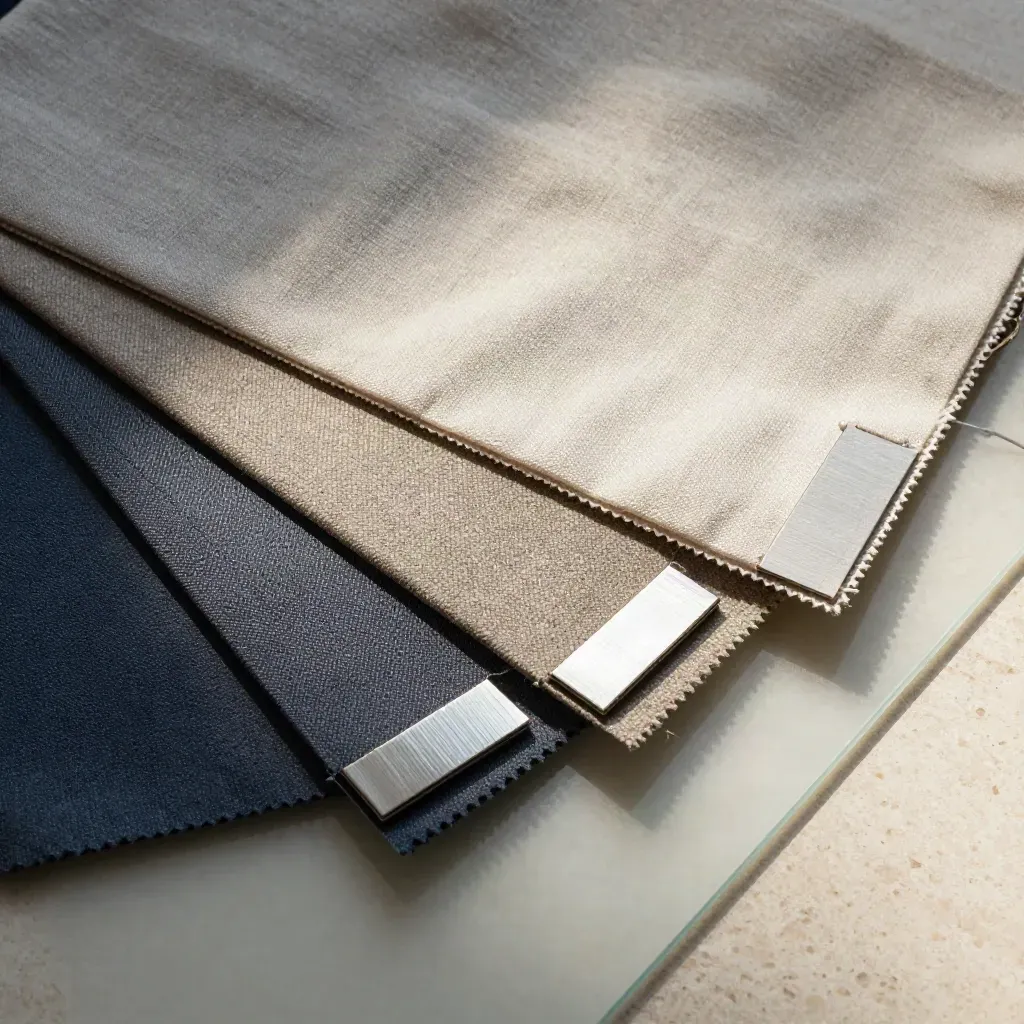 Muestrario de tejidos neutros con pinzas de aluminio y etiquetas blancas tras vidrio esmerilado.