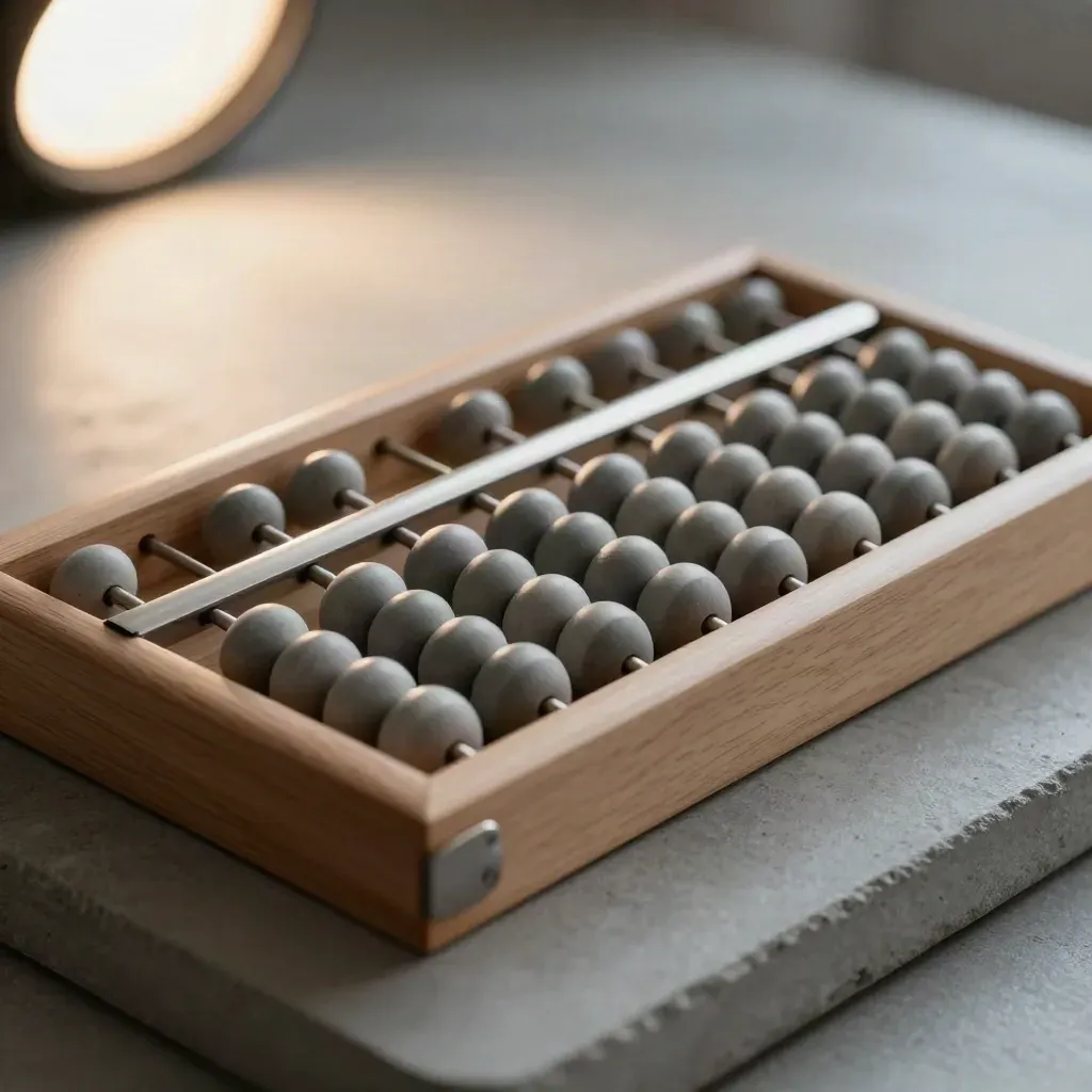 Ábaco minimalista de aluminio con cuentas grises y base de nogal sobre piedra gris.
