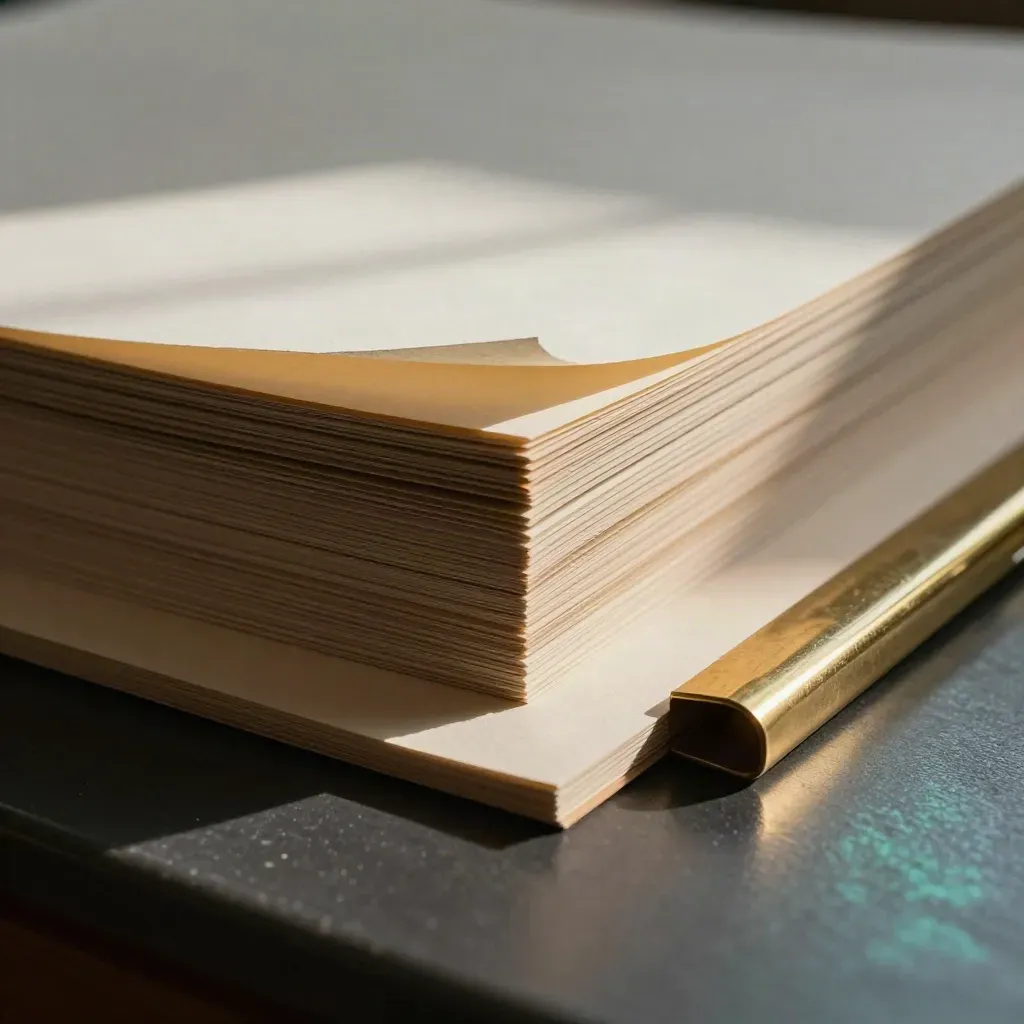 Muestrario de papel grueso con plegador de hueso y pinza de latón sobre fondo oscuro.