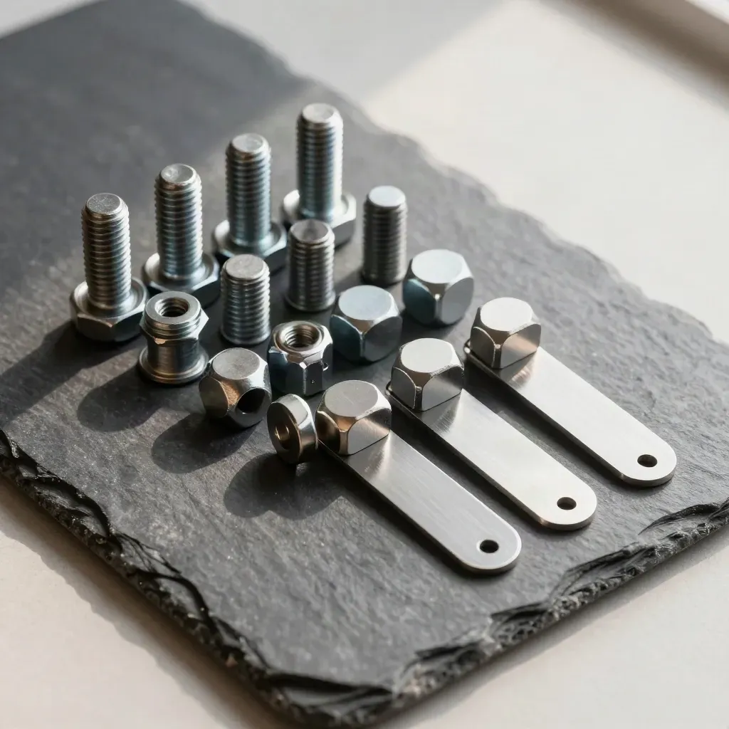 Pernos, separadores y placas de aluminio en secuencia diagonal sobre piedra gris.
