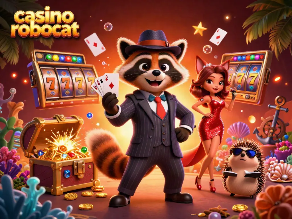 Experience the thrill of casino robocat with a raccoon, fox, and hedgehog in a vibrant, dynamic gaming scene.